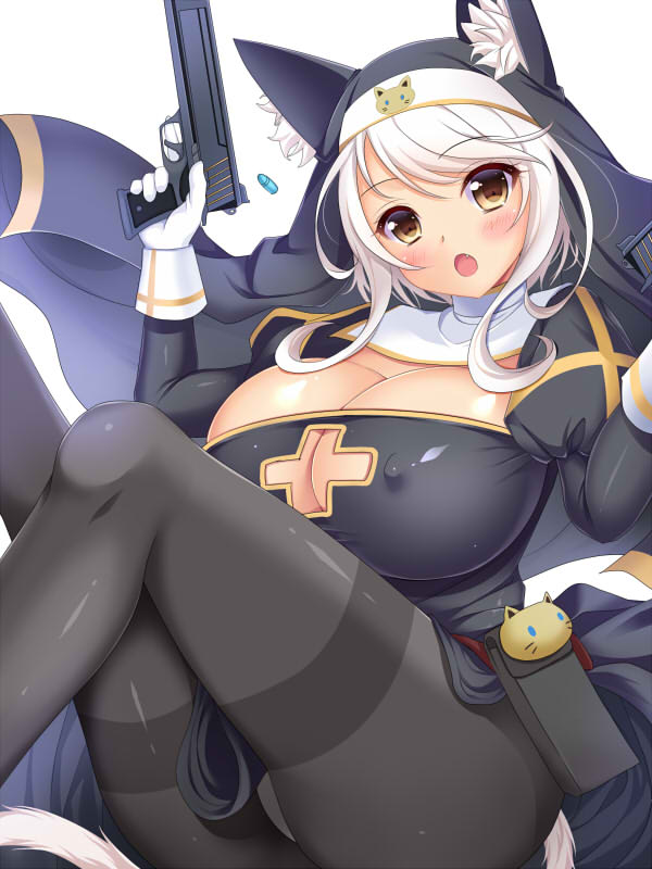 1girl animal_ears black_legwear blush breasts bullet cat_ears cat_tail character_request cleavage cleavage_cutout cross erect_nipples eyebrows_visible_through_hair fang gun handgun holding holding_gun holding_pistol holding_weapon inma_kourin_devil_carnival large_breasts long_hair looking_at_viewer nun open_mouth pantyhose pistol seta_(monyun) solo tail thigh-highs thighband_pantyhose weapon white_hair yellow_eyes