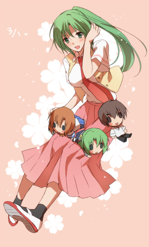 1boy 3girls amazuki_jou between_breasts blush blush_stickers chibi green_eyes green_hair hair_between_eyes higurashi_no_naku_koro_ni long_hair long_skirt maebara_keiichi multiple_girls necktie necktie_between_breasts ponytail red_necktie ryuuguu_rena school_uniform serafuku skirt sonozaki_mion