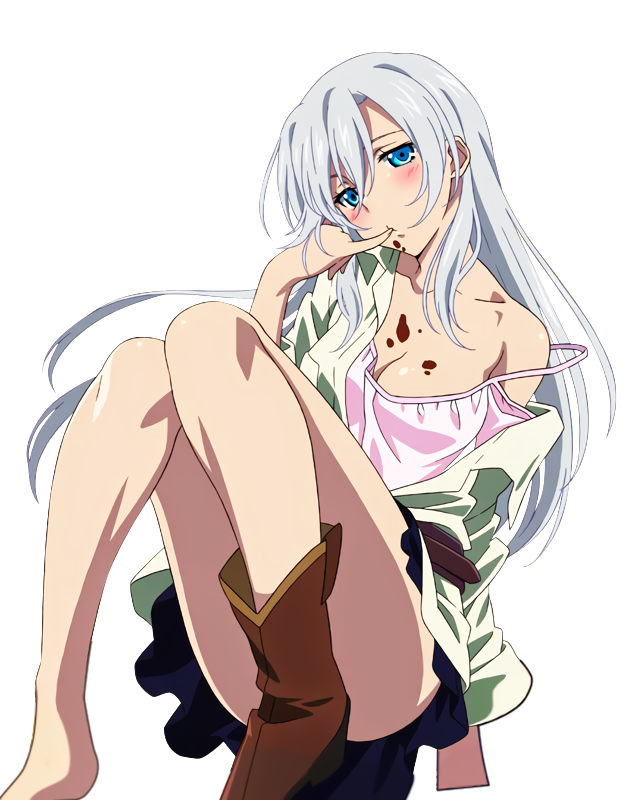 1girl black_skirt blue_eyes boots breasts brown_boots chocolate chocolate_on_face cleavage finger_to_mouth food food_on_face hair_between_eyes head_tilt la_folia_rihavein long_hair looking_at_viewer medium_breasts off_shoulder pink_shirt shirt silver_hair sitting skirt solo strike_the_blood transparent_background