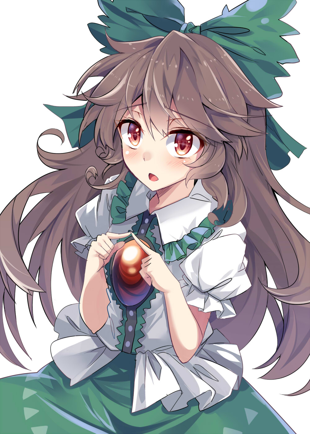 1girl :o blush bow brown_hair cowboy_shot dress_shirt e.o. fingers_together frilled_shirt_collar frills green_bow green_skirt hair_between_eyes hair_bow highres long_hair open_mouth puffy_short_sleeves puffy_sleeves red_eyes reiuji_utsuho shirt short_sleeves shy skirt solo third_eye touhou very_long_hair white_background white_shirt