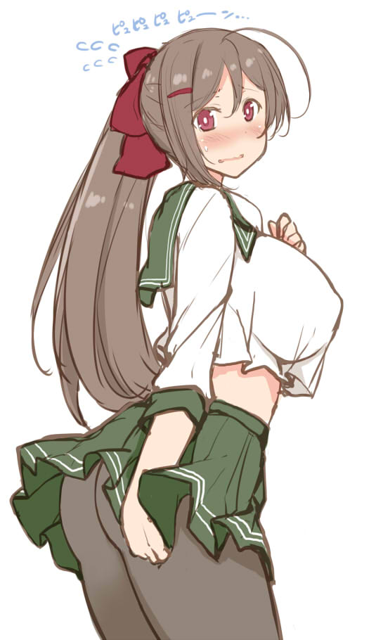 1girl ahoge ass black_legwear blush bow breasts brown_hair crop_top crop_top_overhang erect_nipples hair_bow hair_ornament hairclip kantai_collection kusano_(torisukerabasu) large_breasts long_hair looking_at_viewer mamiya_(kantai_collection) midriff open_mouth pantyhose pleated_skirt school_uniform serafuku simple_background skirt skirt_tug solo sweat wavy_mouth white_background