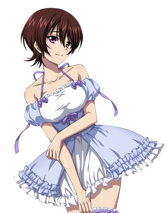 1girl bow brown_hair collarbone cowboy_shot dress garters hair_between_eyes leaning_to_the_side looking_at_viewer purple_bow purple_ribbon ribbon shiny shiny_skin short_dress short_hair sleeveless sleeveless_dress smile solo standing strike_the_blood tokoyogi_yuuma transparent_background violet_eyes
