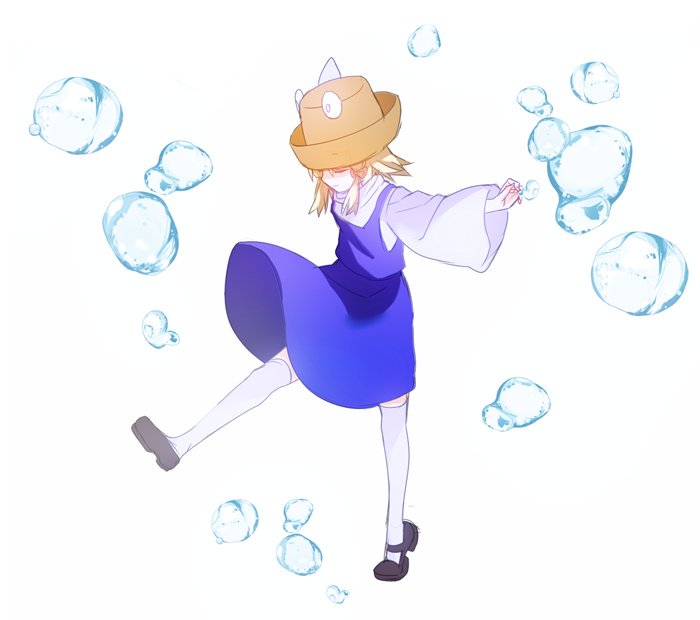 1girl black_shoes blonde_hair brown_hat bubble closed_eyes closed_mouth hat moriya_suwako outstretched_arms purple_skirt purple_vest shirt shoes simple_background skirt skirt_set smile solo thigh-highs touhou tsukimoto_aoi turtleneck vest white_background white_legwear white_shirt wide_sleeves
