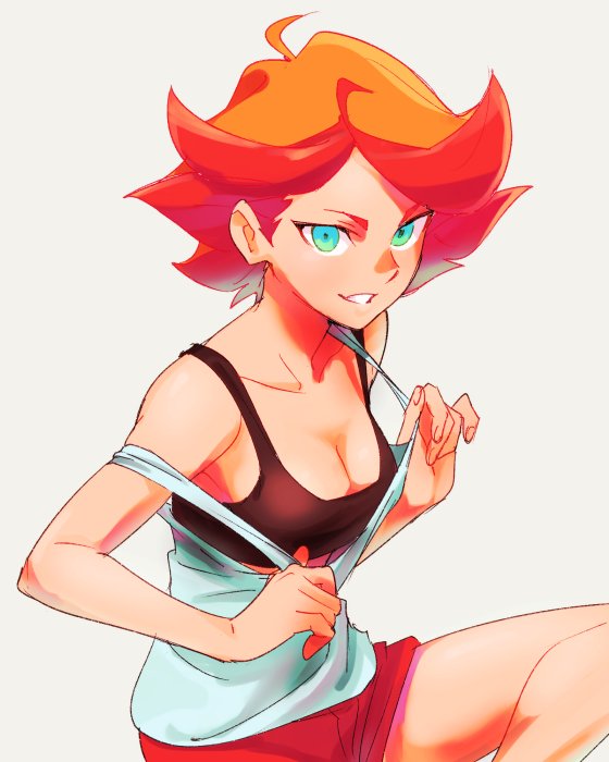 1girl amanda_o'neill bokujoukun breasts cleavage green_eyes grey_background grin little_witch_academia looking_at_viewer medium_breasts orange_hair short_hair short_shorts shorts simple_background sitting smile solo sports_bra strap_slip tank_top