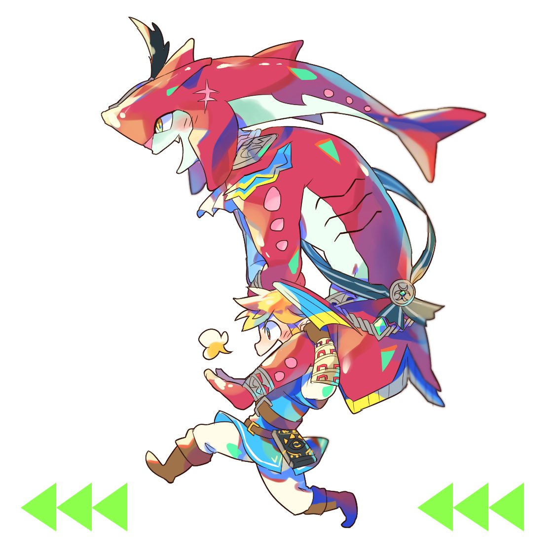 2boys :d blonde_hair blush_stickers boots brown_boots brown_gloves carrying chibi cravat fang feathers full_body gills gloves link monster_boy multiple_boys open_mouth piggyback running sash scar shoulder_carry sidon simple_background smile the_legend_of_zelda the_legend_of_zelda:_breath_of_the_wild tunic white_background zora