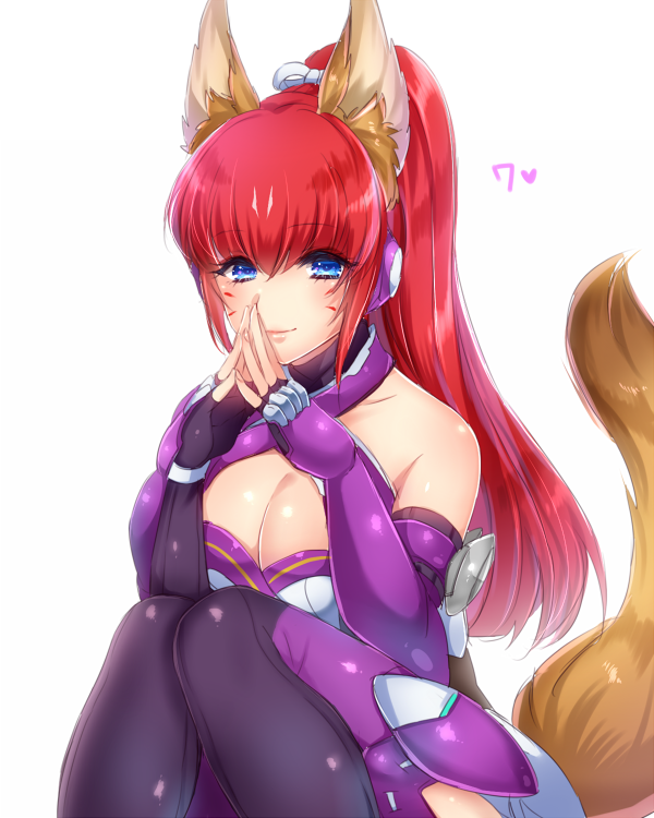 1girl animal_ears bare_shoulders blue_eyes blush breasts closed_mouth criss-cross_halter eyebrows_visible_through_hair fox_ears fox_tail halterneck heart kamemura_koryu/yukina knees_together_feet_apart light_smile long_hair medium_breasts number ponytail redhead rin_(show_by_rock!!) show_by_rock!! simple_background sitting solo steepled_fingers tail whisker_markings white_background