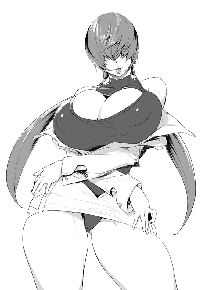 1girl :p breasts cation cleavage cleavage_cutout crossed_arms earrings erect_nipples hair_over_eyes huge_breasts jewelry long_hair monochrome panties shermie skirt solo the_king_of_fighters thighs tongue tongue_out twintails underwear