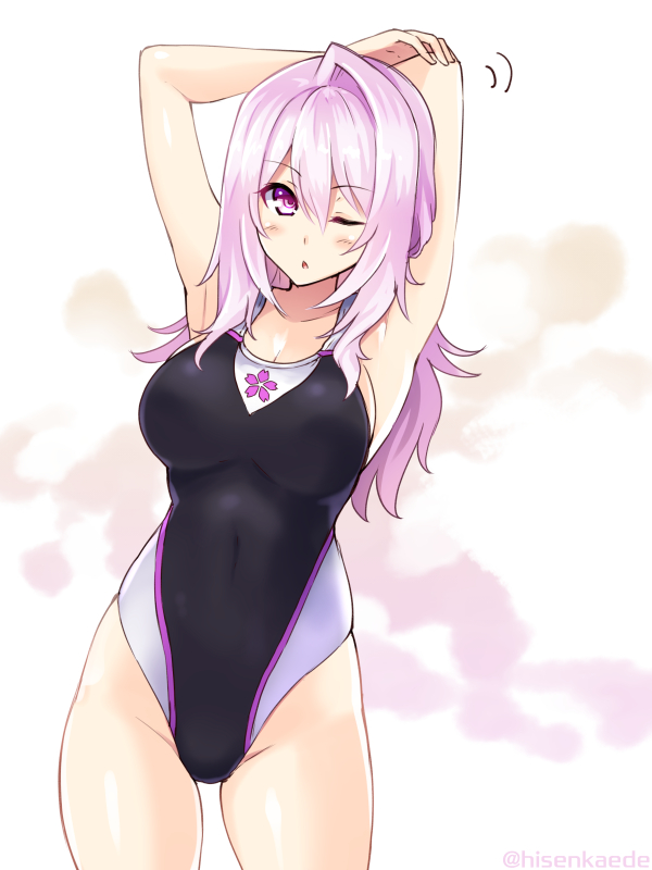 1girl armpits arms_up black_swimsuit blush breasts cleavage competition_swimsuit covered_navel cu-no hisenkaede kikyou-0423 large_breasts long_hair looking_at_viewer one-piece_swimsuit one_eye_closed pink_hair sketch solo stretch swimsuit violet_eyes yayoi_sakura