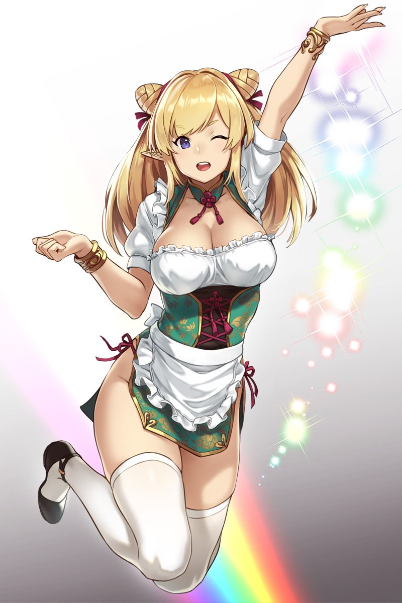 &gt;;d 1girl ;d apron arm_up bangs bent_knees black_shoes blonde_hair bracelet breasts china_dress chinese_clothes cleavage collarbone double_bun dress elf full_body groin highres houtengeki jewelry jumping large_breasts long_hair looking_at_viewer one_eye_closed open_mouth original pelvic_curtain pointy_ears puffy_short_sleeves puffy_sleeves rainbow shoes short_dress short_sleeves sidelocks smile solo thigh-highs violet_eyes waist_apron white_legwear