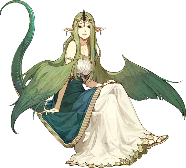 1girl bare_shoulders bracelet breasts circlet cleavage dragon_tail earrings fire_emblem fire_emblem_echoes:_mou_hitori_no_eiyuuou full_body green_eyes green_hair hidari_(left_side) horn jewelry long_hair mila_(fire_emblem) nail_polish official_art pointy_ears sandals sitting solo tail teeth transparent_background very_long_hair wings