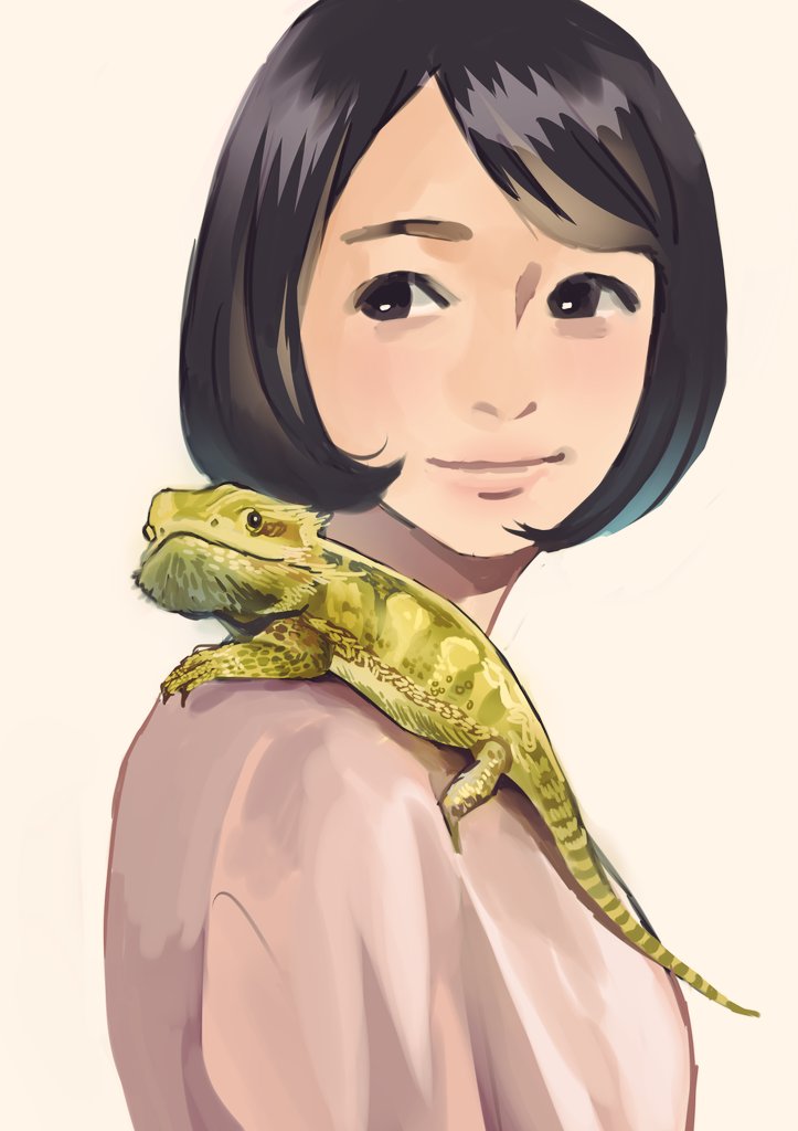 1girl bearded_dragon black_eyes black_hair furoshiki_(artist) lizard original reptile self-portrait short_hair smile solo