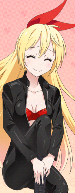 1girl blonde_hair bodysuit bra breasts cleavage closed_eyes collarbone hair_between_eyes hair_ribbon invisble_chair invisible_chair kirisaki_chitoge long_hair medium_breasts nisekoi red_bra red_ribbon ribbon sitting smile solo strapless strapless_bra underwear unzipped very_long_hair