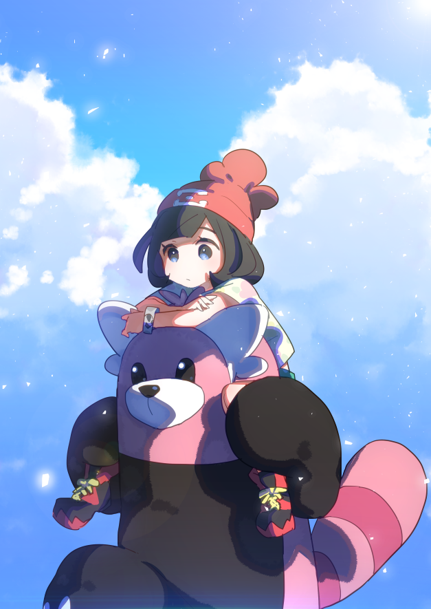 1girl akira_(natsumemo) beanie bewear black_hair blue_eyes blue_sky clouds cloudy_sky day female_protagonist_(pokemon_sm) hat lens_flare pokemon pokemon_(creature) pokemon_(game) pokemon_sm red_shoes revision riding shoes short_hair sky solo sun z-ring