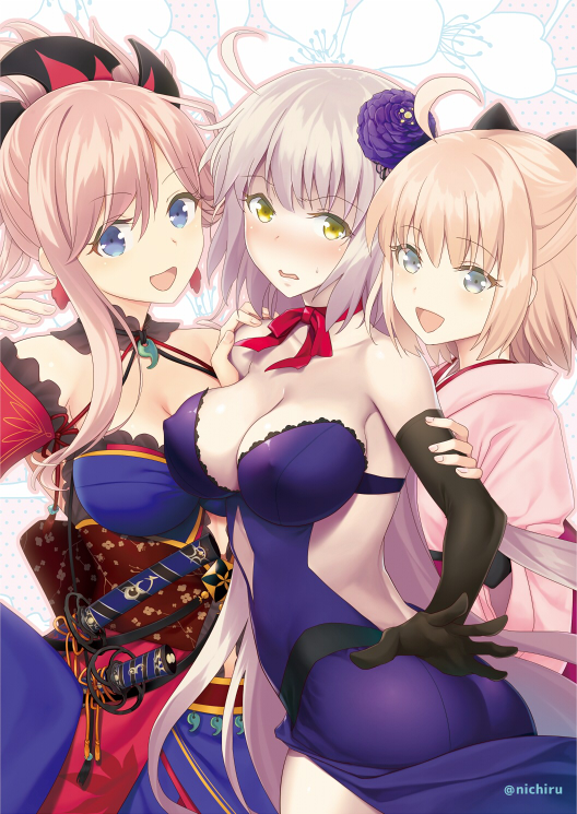 3girls ahoge alternate_costume ass black_gloves blonde_hair blue_dress blue_eyes blush bow breasts collarbone commentary_request dress fate/grand_order fate_(series) gloves hair_ornament japanese_clothes jeanne_alter jewelry kimono koha-ace large_breasts long_hair looking_at_viewer miyamoto_musashi_(fate/grand_order) multiple_girls nichiru off_shoulder okita_souji open_mouth pink_hair ponytail ruler_(fate/apocrypha) sakura_saber sash shinsengumi short_hair short_kimono silver_hair sword wavy_mouth weapon yellow_eyes