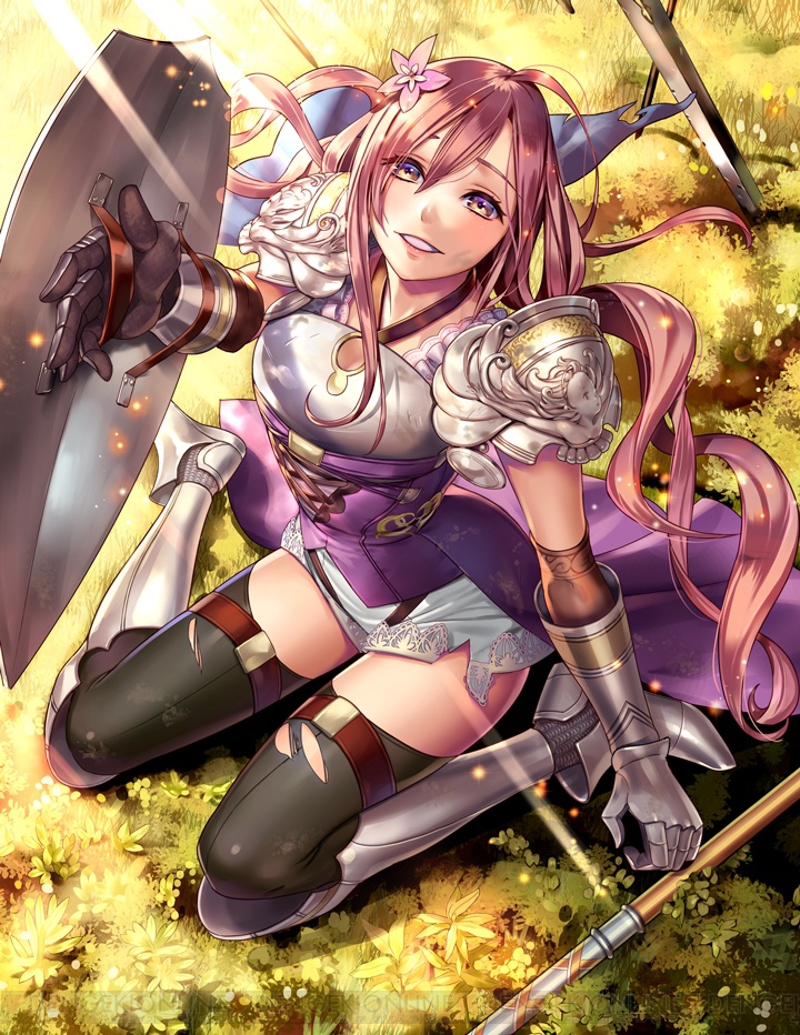1girl arm_up black_legwear breastplate brown_eyes brown_hair flower from_above gauntlets greaves hair_between_eyes hair_flower hair_ornament halterneck hortensia_saga long_hair looking_at_viewer official_art pauldrons polearm shield short_shorts shorts sitting smile solo sunlight sword thigh-highs thigh_strap torn_clothes torn_thighhighs underbust very_long_hair watermark weapon