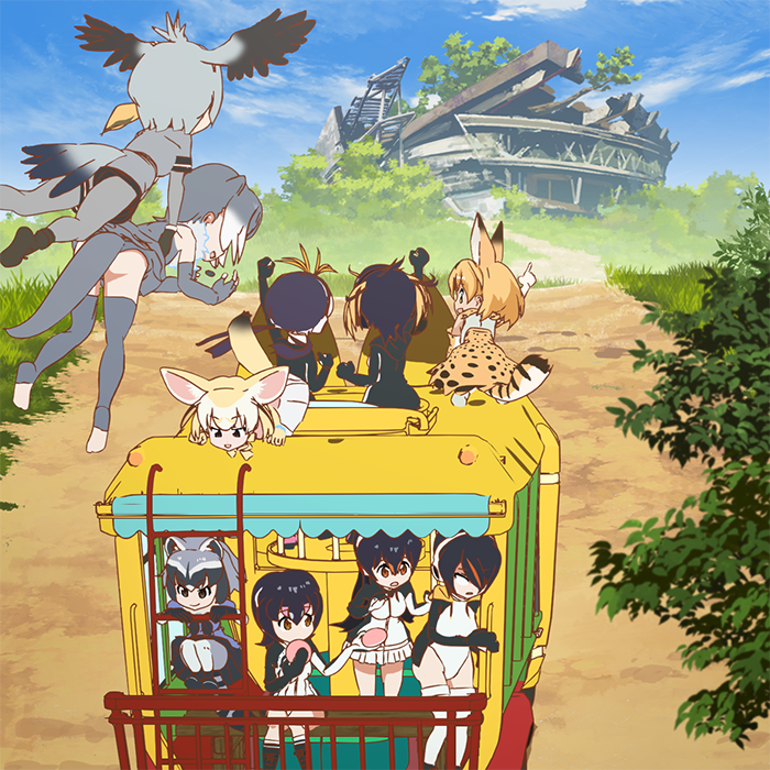 6+girls animal_ears arm_up black_hair blank_eyes blonde_hair carrying day eating emperor_penguin_(kemono_friends) fennec_(kemono_friends) flying food gentoo_penguin_(kemono_friends) grey_hair grey_legwear head_wings humboldt_penguin_(kemono_friends) japari_bun japari_bus kemono_friends multicolored_hair multiple_girls outdoors penguins_performance_project_(kemono_friends) pointing raccoon_(kemono_friends) raccoon_ears rockhopper_penguin_(kemono_friends) royal_penguin_(kemono_friends) serval_(kemono_friends) serval_ears serval_tail shoebill_(kemono_friends) short_hair sitting sky small-clawed_otter_(kemono_friends) standing tail tatsuki_(irodori) thigh-highs white_legwear