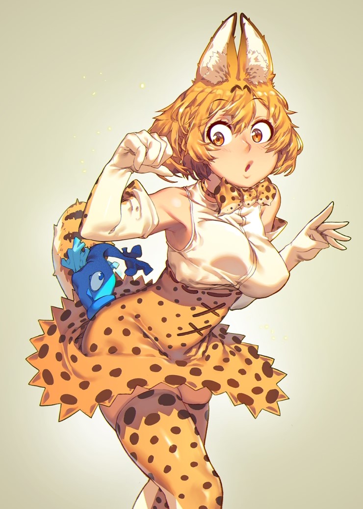 1girl animal_ears ass_biting biting blonde_hair blush bouncing_breasts bow bowtie breasts creature elbow_gloves eureka_brider gloves high-waist_skirt kemono_friends medium_breasts personification polka_dot serval serval_(kemono_friends) serval_ears serval_print serval_tail shirt short_hair skirt sleeveless sleeveless_shirt solo_focus striped_tail surprised tail thigh-highs unaligned_breasts yellow_eyes yellow_legwear