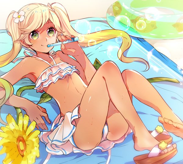 armpits ass bandeau bangs bare_legs bare_shoulders barefoot beach_towel bikini bikini_skirt blonde_hair blue_towel breasts bubble_blowing bubble_pipe collarbone dark_skin flat_chest flip-flops flower frilled_bikini frills full_body granblue_fantasy green_eyes hair_flower hair_ornament halter_top halterneck innertube io_euclase knees_up long_hair lying midriff mikan-uji navel on_back petals petite sand sandals shoe_dangle shoe_flower smile striped striped_bikini sunflower swept_bangs swimsuit towel twintails white_bikini white_flower yellow_flower