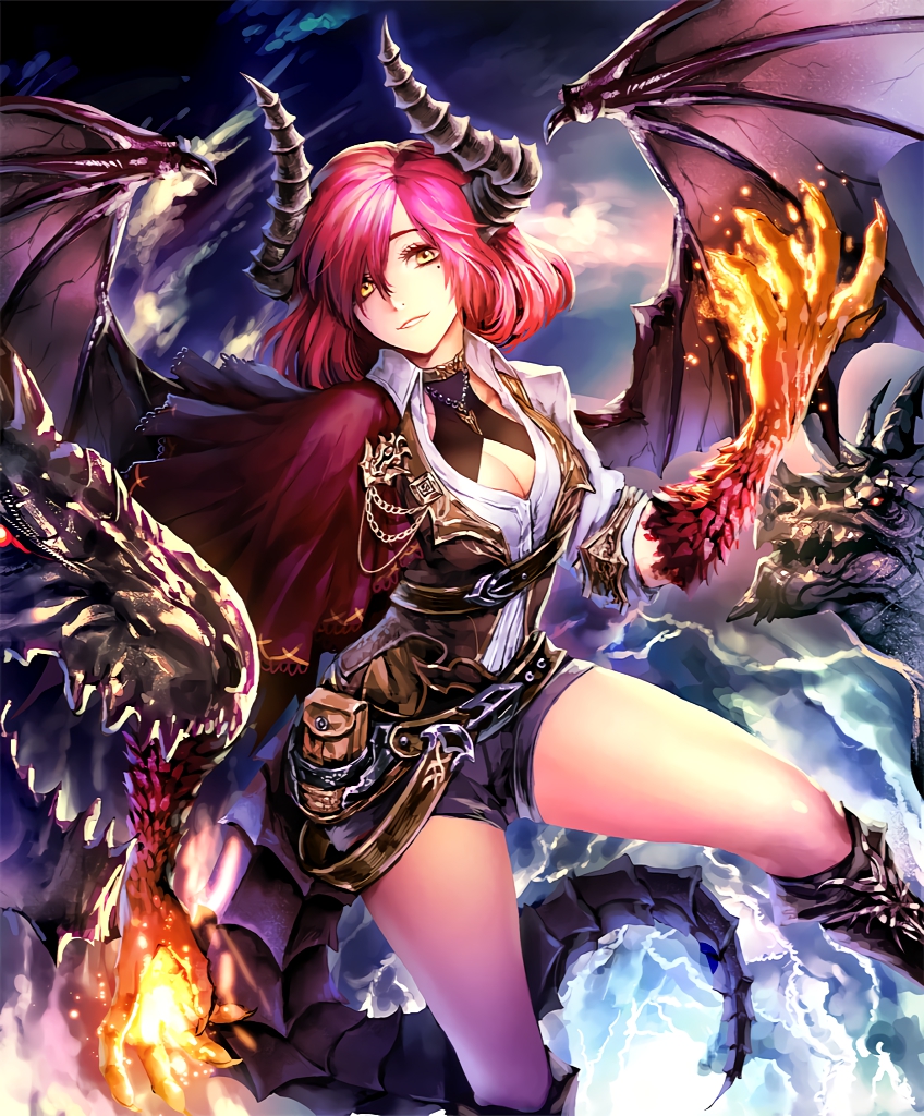 1girl artist_request belt boots breasts capelet claws cleavage clouds cygames dragon dragon_girl dragon_horns dragon_tail dragon_wings fire hair_over_one_eye horns jewelry looking_at_viewer medium_breasts mole mole_under_eye necklace official_art pointy_ears pouch redhead scales shadowverse shingeki_no_bahamut short_hair shorts sky_dragon_ethica smile tail wings yellow_eyes