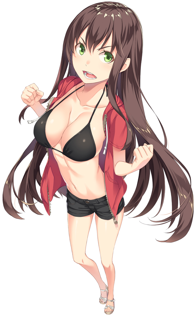 1girl bad_perspective bikini_top brown_hair foreshortening full_body green_eyes jacket kimura_(ykimu) long_hair looking_at_viewer open_clothes open_jacket open_mouth original shorts simple_background solo standing