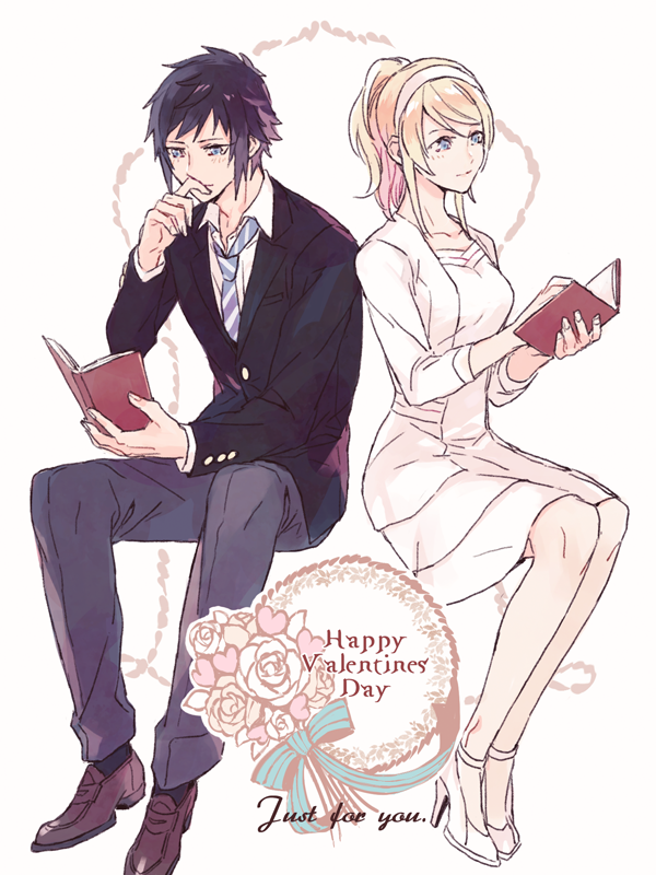 1boy 1girl black_hair blonde_hair blue_eyes book dress ebira final_fantasy final_fantasy_xv hetero high_heels jacket lunafreya_nox_fleuret necktie noctis_lucis_caelum ponytail school_uniform sidelocks teenage valentine white_dress white_jacket