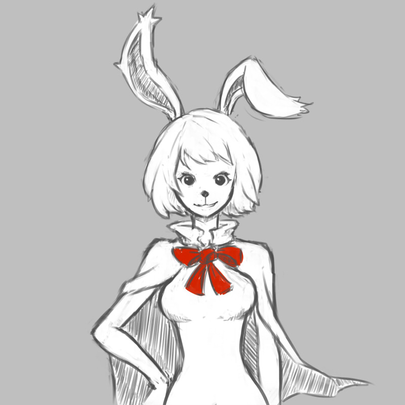 1girl animal_ears carrot_(one_piece) grey_eyes grin hand_on_hip monochrome monster_girl one_piece rabbit_ears rabbit_girl ribbon shawl simple_background smile sougingga