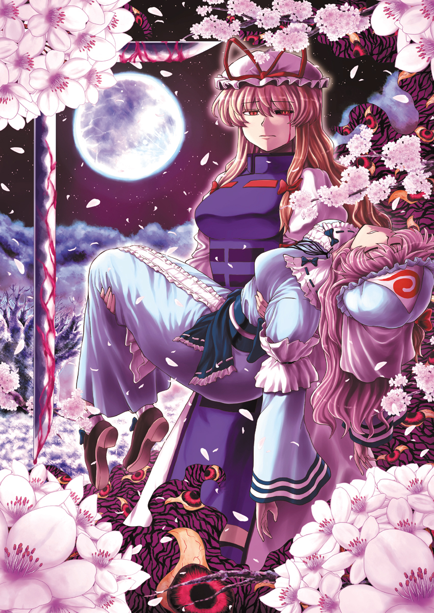 2girls black_sclera black_shoes blonde_hair blood blood_on_face bloody_tears blue_kimono bow branch breasts carrying cherry_blossoms closed_eyes commentary_request eyebrows_visible_through_hair eyes frills full_moon gap hair_between_eyes hair_bow hat hat_ribbon highres japanese_clothes kimono long_hair long_sleeves looking_at_viewer low-tied_long_hair mismatched_sclera miyamoto_ryuuichi mob_cap moon multiple_girls obi petals pink_hair princess_carry puffy_sleeves red_eyes ribbon saigyouji_yuyuko sash shoes sword tabard touhou tree triangular_headpiece very_long_hair wavy_hair weapon wide_sleeves yakumo_yukari