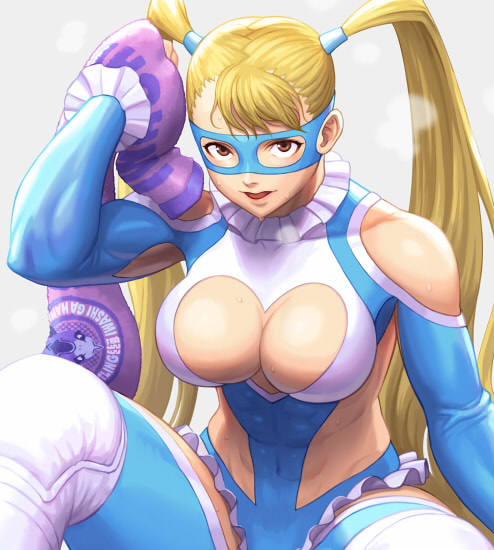 1girl abs bare_shoulders blonde_hair breasts brown_eyes cleavage cleavage_cutout heart_cutout heavy_breathing knee_pads large_breasts leotard long_hair mask noppo_(tarstation) rainbow_mika revealing_clothes sitting solo street_fighter street_fighter_v sweat toned towel twintails wrestling_outfit