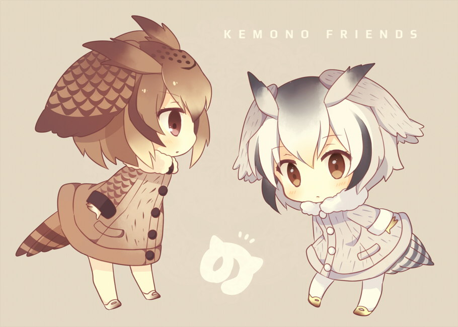 /\/\/\ 2girls arms_at_sides beige_background blonde_hair blush brown_eyes brown_hair buttons chibi coat collar copyright_name eurasian_eagle_owl_(kemono_friends) expressionless eyebrows_visible_through_hair from_side full_body fur_collar gradient_hair grey_background grey_hair head_wings japari_symbol kemono_friends konno_(pixiv_23416142) light_brown_hair long_sleeves looking_at_another looking_at_viewer mary_janes multicolored_hair multiple_girls no_nose northern_white-faced_owl_(kemono_friends) pantyhose pocket profile romaji shoes short_hair simple_background sleeve_cuffs standing tail tsurime white_hair white_legwear wings