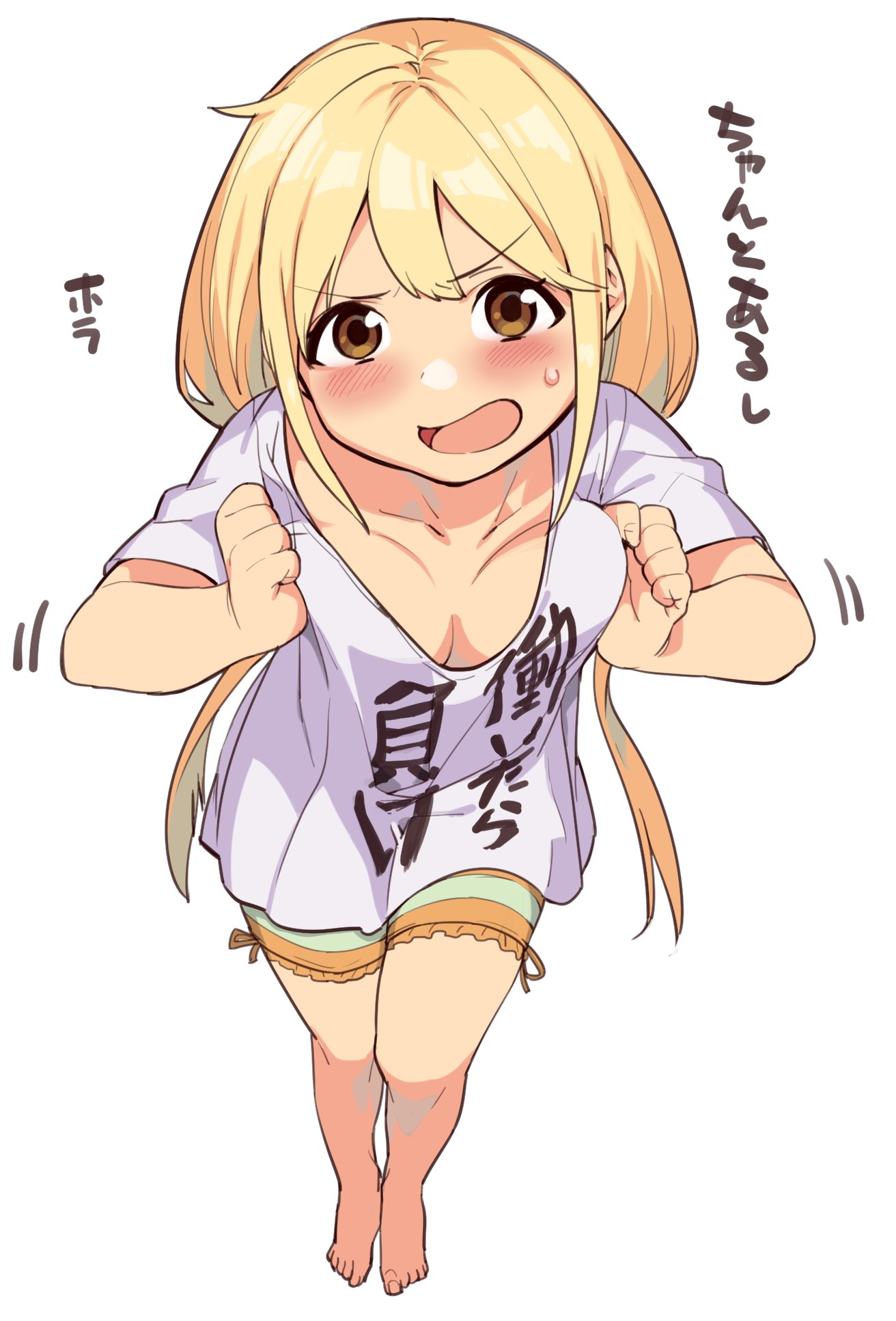 1girl barefoot bike_shorts blonde_hair blush breast_squeeze breasts brown_eyes cleavage clothes_writing full_body futaba_anzu highres idolmaster idolmaster_cinderella_girls long_hair looking_at_viewer low_twintails medium_breasts menea open_mouth shirt solo standing striped striped_bike_shorts t-shirt twintails white_background you_work_you_lose