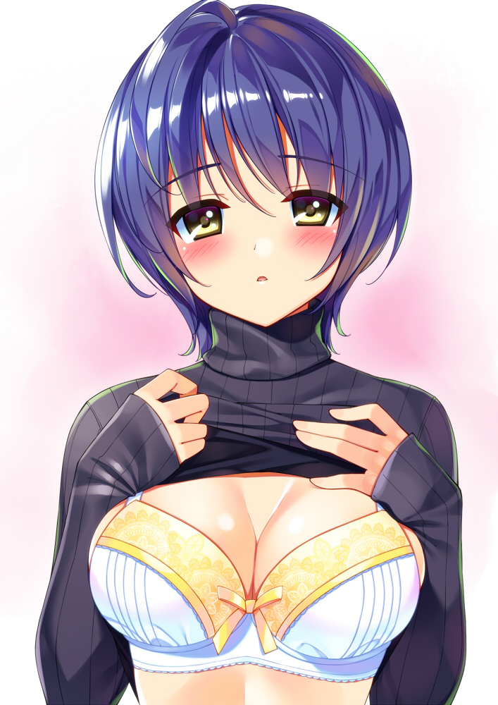 1girl aomi-chan_(bucchake) bangs blue_hair blush bow bow_bra bra breasts bucchake_(asami) clothes_lift eyebrows_visible_through_hair looking_at_viewer medium_breasts original parted_lips ribbed_sweater short_hair sleeves_past_wrists solo sweater sweater_lift turtleneck turtleneck_sweater underwear upper_body white_bra yellow_bow yellow_eyes