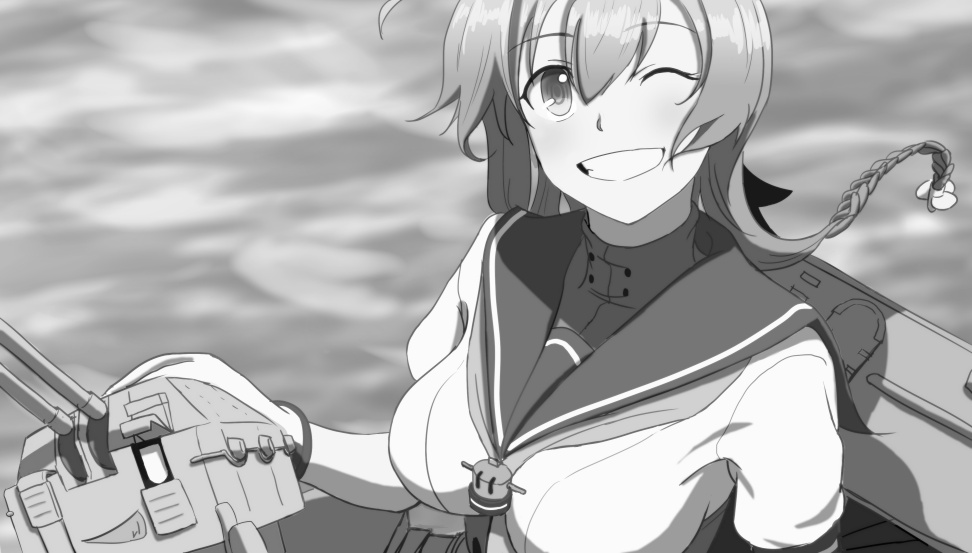 braid breasts chou-10cm-hou-chan_(teruzuki's) gloves greyscale hair_ornament kantai_collection kontanro medium_breasts monochrome one_eye_closed propeller_hair_ornament smile teruzuki_(kantai_collection) twin_braids