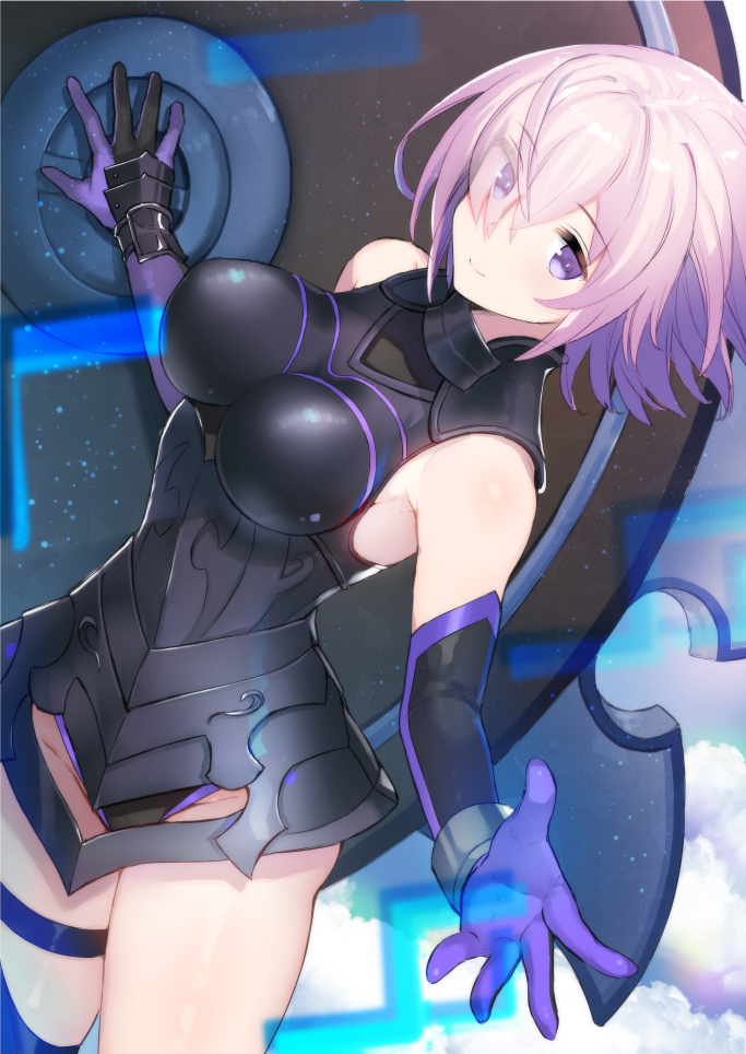 1girl armor armored_dress bare_shoulders breasts elbow_gloves eyebrows_visible_through_hair fate/grand_order fate_(series) gloves hayama_eishi lavender_hair looking_at_viewer mash_kyrielight medium_breasts purple_gloves shield shielder_(fate/grand_order) short_hair smile solo thigh-highs violet_eyes