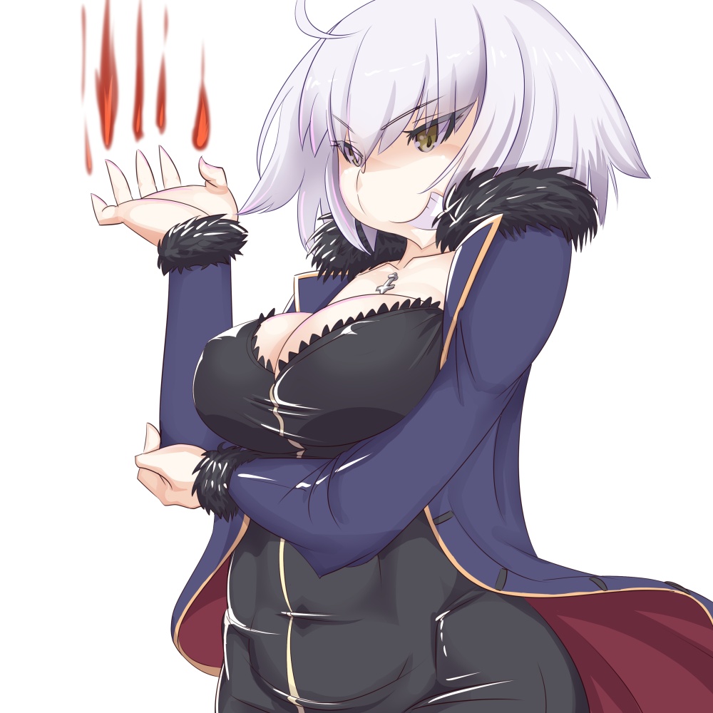 1girl arm_up bodysuit breasts brown_eyes cleavage coat covered_navel fate/grand_order fate_(series) fur_trim grin hips jeanne_alter jewelry katuhata large_breasts necklace ruler_(fate/apocrypha) short_hair silver_hair simple_background smile solo white_background