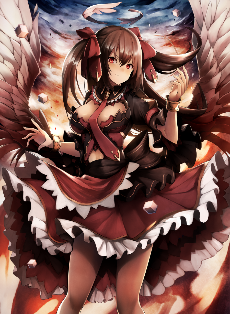 &gt;:) 1girl angel angel_wings bangs black_hair blush bow bracelet breasts closed_mouth commentary_request cowboy_shot dress frilled_dress frills hair_bow halo highres inaba_sunimi jewelry layered_dress long_hair looking_at_viewer medium_breasts necktie original pantyhose puffy_short_sleeves puffy_sleeves red_bow red_eyes red_necktie sash short_sleeves smile solo two_side_up wings