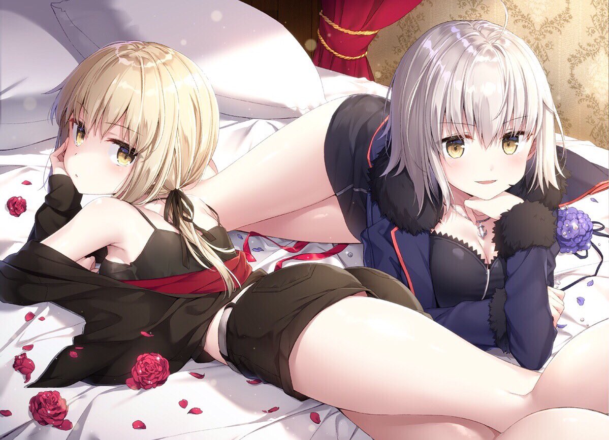 2girls alternate_costume ass bangs bed_sheet black_dress black_ribbon black_shorts blonde_hair blush breasts camisole chin_rest cleavage curtains dress eyebrows_visible_through_hair fate/grand_order fate_(series) flower fur-trimmed_jacket fur_trim hair_ribbon hand_on_own_cheek hand_up indoors jacket jeanne_alter kneepits large_breasts light_smile long_hair long_sleeves looking_at_viewer looking_back low_ponytail lying masuishi_kinoto medium_breasts multiple_girls on_bed on_side on_stomach parted_lips petals pillow ponytail red_rose ribbon rose ruler_(fate/apocrypha) saber saber_alter short_dress short_hair short_shorts shorts silver_hair sleeves_past_wrists smile thighs yellow_eyes zipper