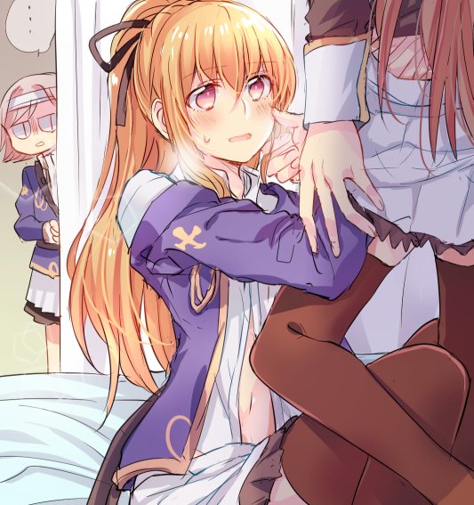 ... 3girls around_corner bed blonde_hair blush brown_legwear catalina_(granblue_fantasy) curtains dress_shirt farrah_(granblue_fantasy) granblue_fantasy hair_ribbon hand_on_another's_cheek hand_on_another's_face hand_under_clothes jacket long_hair mikan-uji multiple_girls navel off_shoulder on_bed open_clothes ponytail privacy_screen purple_jacket ribbon shirt sitting sitting_on_bed skirt sweatdrop thigh-highs undressing vira visible_air white_skirt yuri