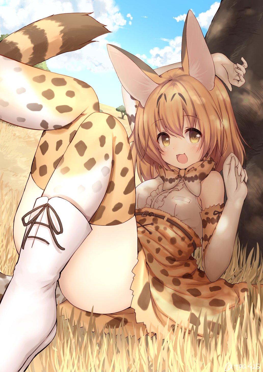 1girl :3 :d against_tree animal_ears arm_up bangs blonde_hair blush boots breasts convenient_leg cross-laced_clothes day elbow_gloves gloves high-waist_skirt highres kemono_friends looking_at_viewer on_grass open_mouth outdoors print_bowtie print_gloves print_legwear print_skirt serval_(kemono_friends) serval_ears serval_print serval_tail shirt short_hair sitting skirt sleeveless sleeveless_shirt small_breasts smile solo striped_tail tail topia tree under_tree white_boots white_shirt yellow_eyes