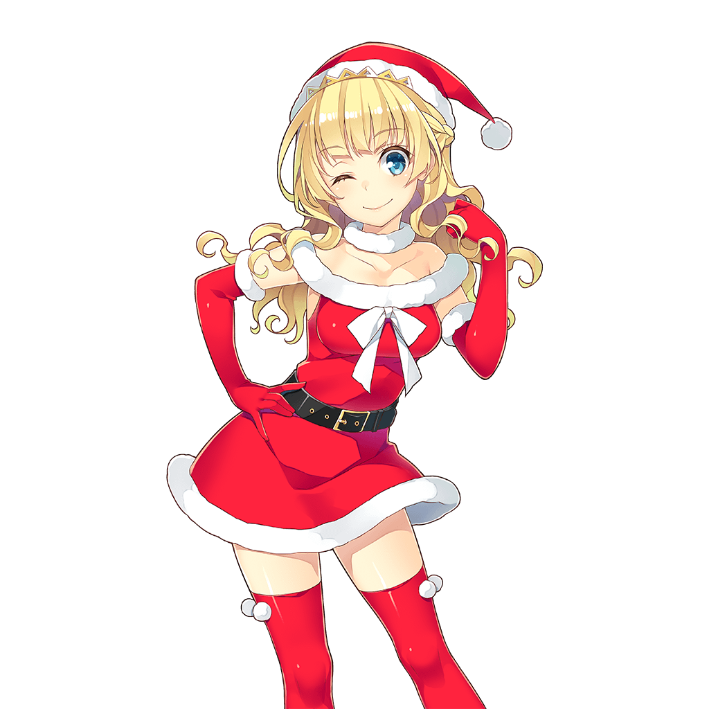 1girl amelie_mcgregor bare_shoulders beltskirt blonde_hair blue_eyes breasts contrapposto elbow_gloves eyebrows_visible_through_hair fur_trim gloves hand_on_hip hat long_hair looking_at_viewer medium_breasts mmu official_art one_eye_closed red_gloves red_legwear santa_costume santa_hat skirt smile solo standing thigh-highs transparent_background uchi_no_hime-sama_ga_ichiban_kawaii