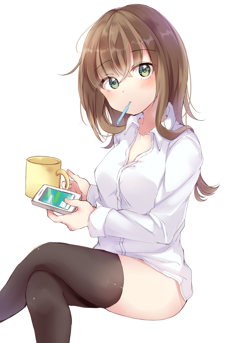 1girl bangs black_legwear blush breasts brown_hair cellphone crossed_bangs cup dress_shirt eyebrows_visible_through_hair green_eyes hair_between_eyes highres holding holding_cup holding_phone legs_crossed long_hair long_sleeves looking_at_viewer medium_breasts mouth_hold mug original phone shirt simple_background sitting smartphone solo thermometer thigh-highs thighs toothbrush ura1011 white_background white_shirt