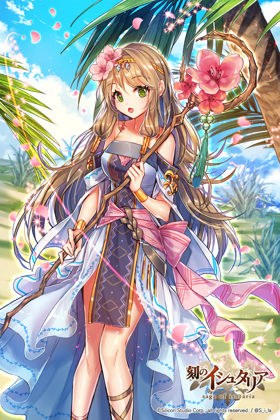 1girl age_of_ishtaria blue_sky bracelet brown_hair cherry_blossoms clouds copyright_name day dress flower green_eyes hair_flower hair_ornament headband highres holding holding_staff interitio jewelry long_hair looking_at_viewer official_art open_mouth outdoors palm_tree petals sky staff standing tree watermark