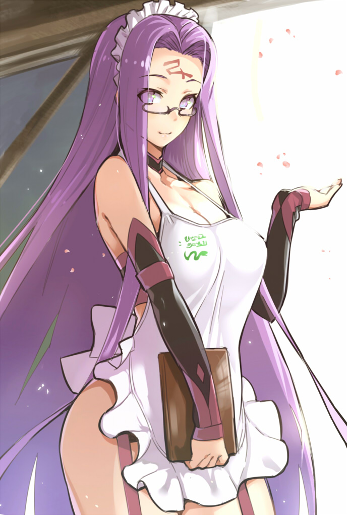 1girl alternate_costume apron bare_shoulders book breasts cherry_blossoms choker cleavage detached_sleeves facial_mark fate/grand_order fate/stay_night fate_(series) forehead_mark garter_straps glasses hijiri holding holding_book large_breasts long_hair looking_at_viewer maid_headdress petals purple_hair rider sidelocks solo very_long_hair violet_eyes waitress