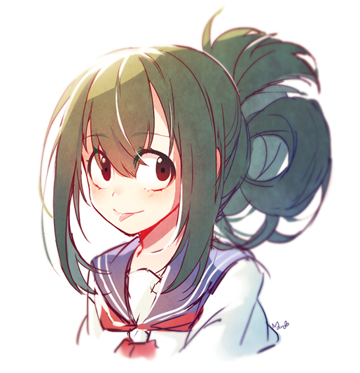 1girl alternate_hairstyle artist_name asui_tsuyu bangs black_hair blush boku_no_hero_academia brown_eyes eyebrows_visible_through_hair eyelashes hair_between_eyes hair_rings long_hair looking_at_viewer maro_(lij512) neckerchief portrait school_uniform serafuku signature solo tongue tongue_out