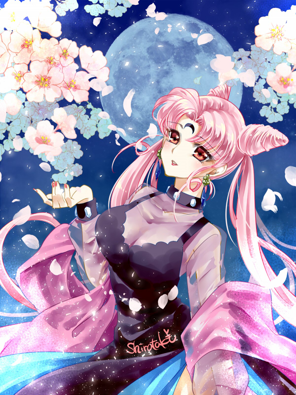 1girl bishoujo_senshi_sailor_moon black_dress black_lady blue_background cherry_blossoms chibi_usa cowboy_shot crescent crystal_earrings double_bun dress earrings facial_mark flower forehead_mark full_moon jewelry long_hair looking_at_viewer moon nail_polish older pink_hair red_eyes red_nails sash shirataki_kaiseki signature solo twintails