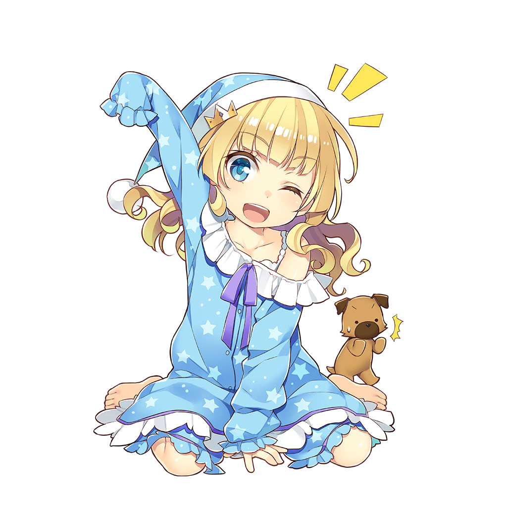 1girl amelie_mcgregor barefoot blonde_hair blue_eyes child dog full_body hat long_hair looking_at_viewer mmu off_shoulder official_art one_eye_closed open_mouth pajamas sitting sleeves_past_wrists solo star star_print transparent_background uchi_no_hime-sama_ga_ichiban_kawaii wariza younger