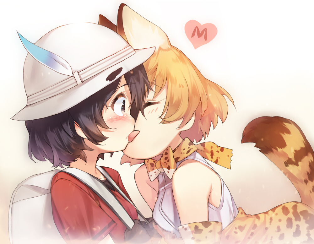 2girls animal_ears bag bare_shoulders black_eyes black_hair blonde_hair blush bow bowtie closed_eyes elbow_gloves gloves hat hat_feather heart kaban_(kemono_friends) kemono_friends licking licking_lips multiple_girls red_shirt serval_(kemono_friends) serval_ears serval_print serval_tail shirt short_hair short_sleeves simple_background sleeveless tail takotsu tongue tongue_out white_background yuri