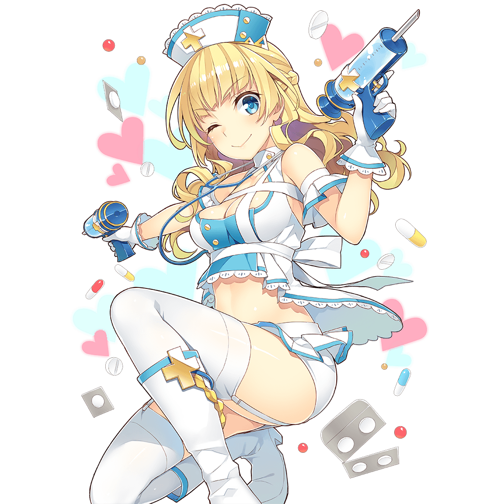 1girl ;) amelie_mcgregor bangs bare_shoulders blonde_hair blue_eyes boots braid breasts cleavage dual_wielding eyebrows_visible_through_hair french_braid garter_straps gloves gun halterneck hat heart long_hair looking_at_viewer medicine medium_breasts microskirt midriff miniskirt mmu nurse nurse_cap official_art one_eye_closed one_knee pill skirt smile solo syringe thigh-highs uchi_no_hime-sama_ga_ichiban_kawaii underbust weapon white_gloves white_legwear