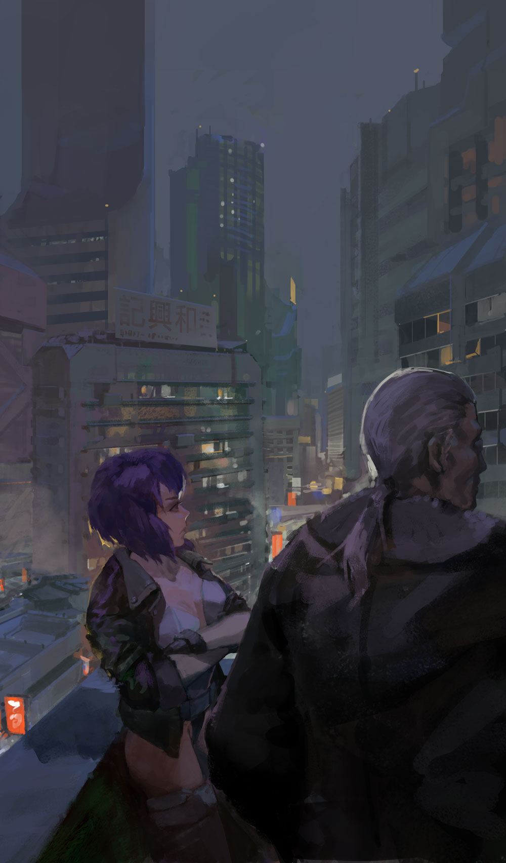 1boy 1girl batou black_jacket blueman building city coat crossed_arms cyberpunk dark from_behind ghost_in_the_shell ghost_in_the_shell_stand_alone_complex gloves grey_hair highres jacket kusanagi_motoko leotard looking_afar night open_clothes open_jacket ponytail profile purple_hair realistic red_eyes science_fiction serious short_hair skyscraper thigh-highs zettai_ryouiki