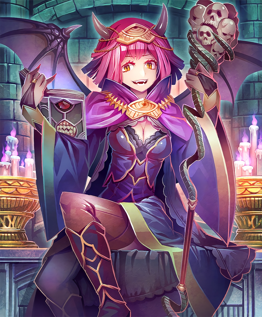 1girl artist_request book boots candle cape cygames demon_girl demon_horns demon_wings demonic_hedonist fingernails goblet grin hair_ornament holding holding_staff horns official_art pink_hair reading shadowverse sharp_fingernails shingeki_no_bahamut short_hair sitting skull smile staff wide_sleeves wings yellow_eyes