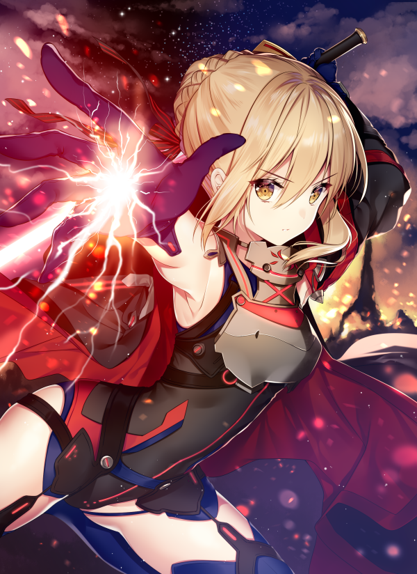 1girl ahoge alternate_costume armor armpits black_coat blonde_hair blue_legwear breastplate breasts detached_sleeves fate/grand_order fate_(series) garter_straps gloves hair_between_eyes hair_bun hair_ribbon heroine_x heroine_x_(alter) holding holding_sword holding_weapon looking_at_viewer medium_breasts multicolored multicolored_background necomi_(gussan) outstretched_arms purple_gloves ribbon saber serious sword thighs weapon yellow_eyes